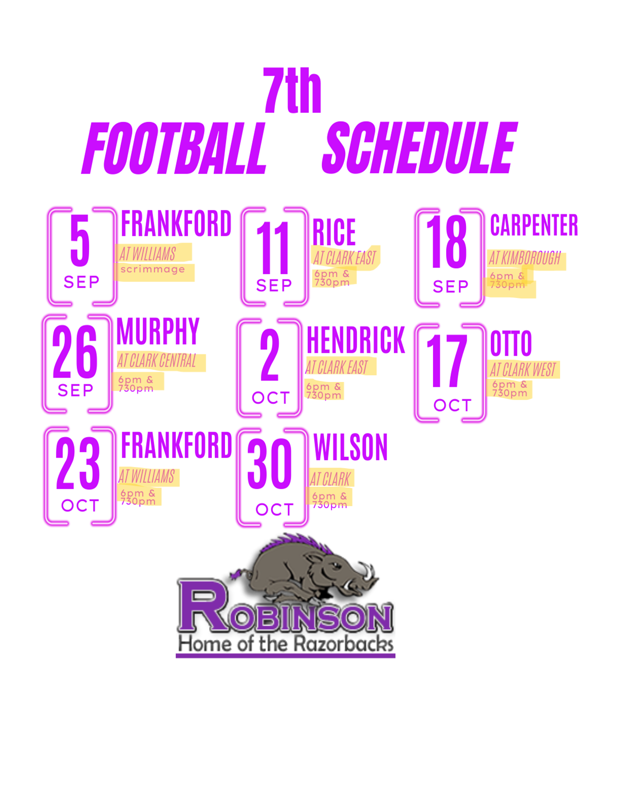 7th Grade Football Schedules